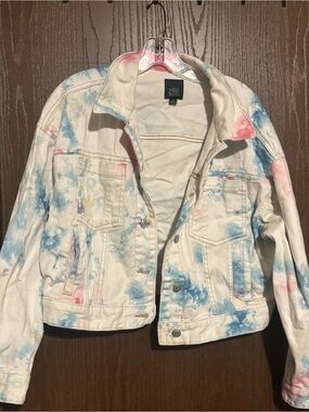 wild fable White Tie-Dye Denim Jacket with Blue, Yellow, & Pink Accents